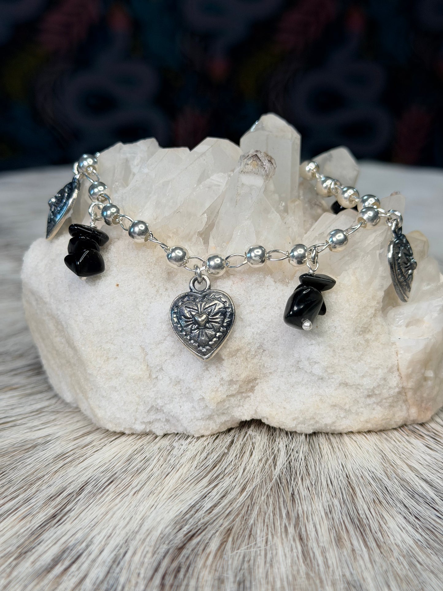Black Agate & Heart Charm Bracelet