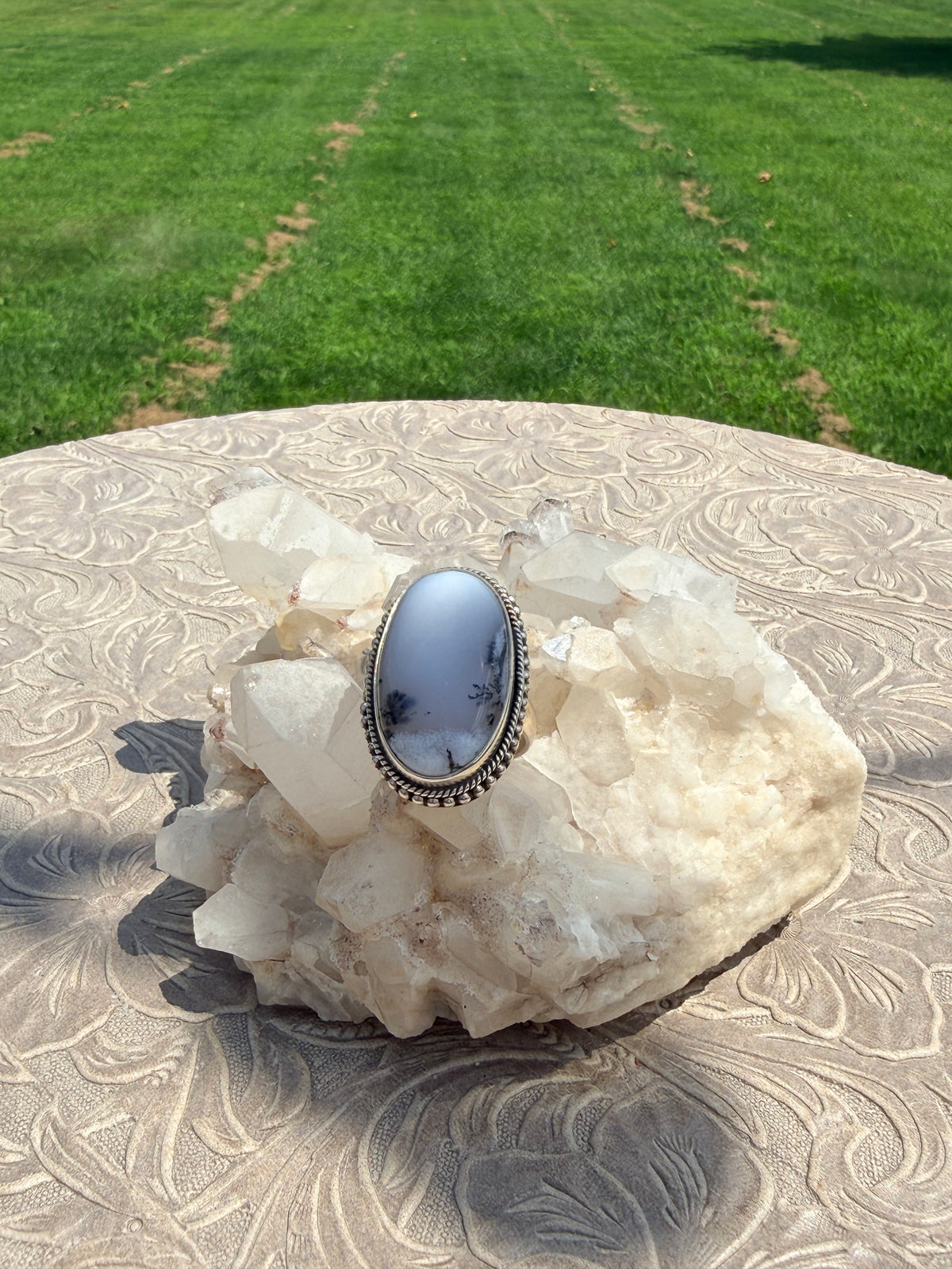 Elongated Oval Dentritic Agate Ring