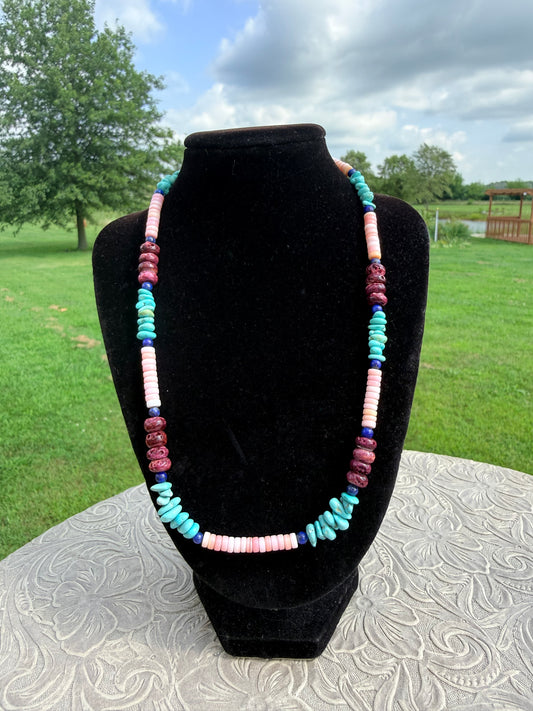 Turquoise Lapis Spiny & Pink Conch Necklace