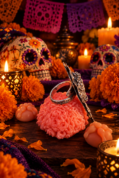 Adjustable Sugar Skull & Flowers Ring