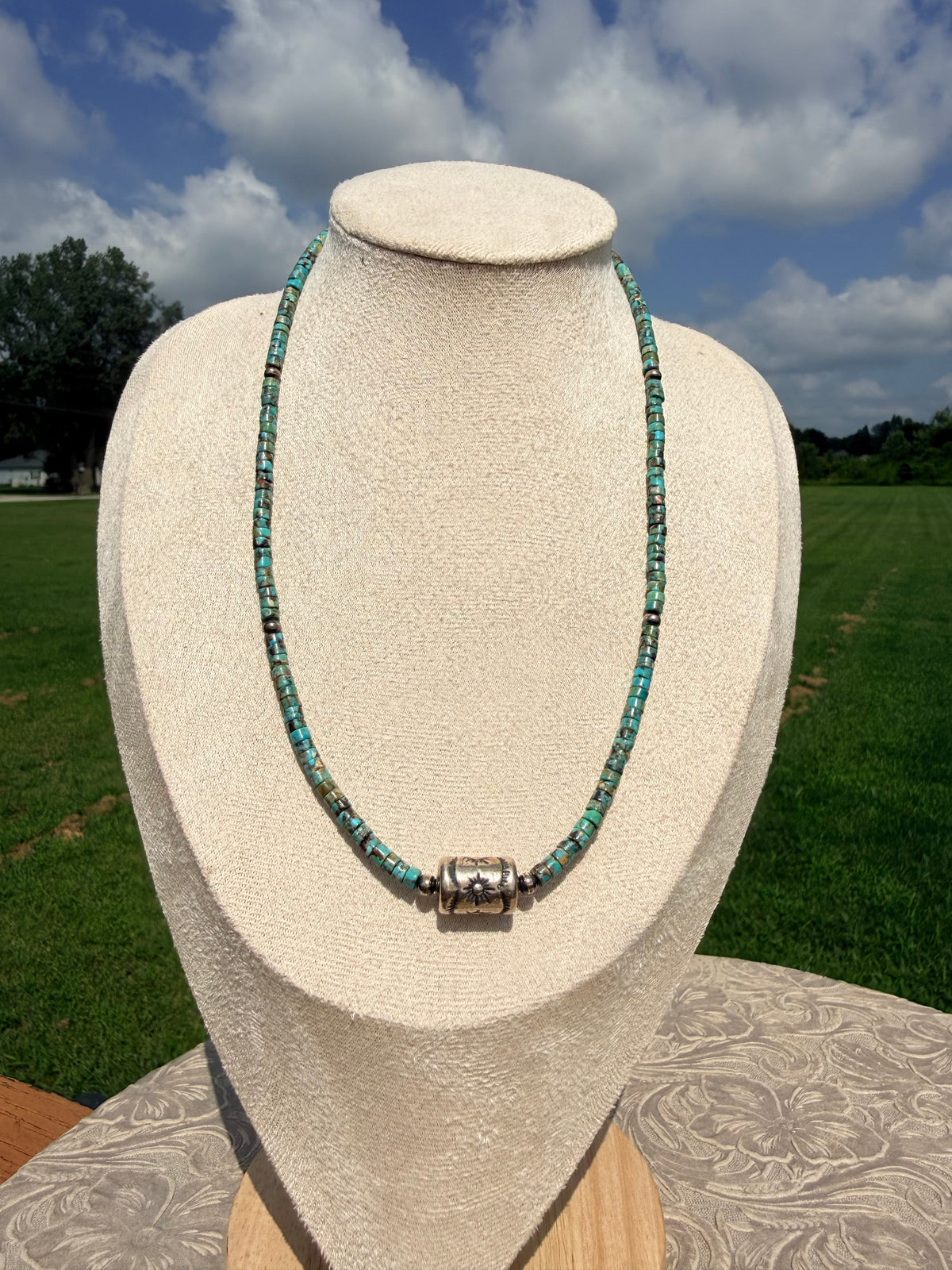 Turquoise and Sterling Silver Barrel Necklace