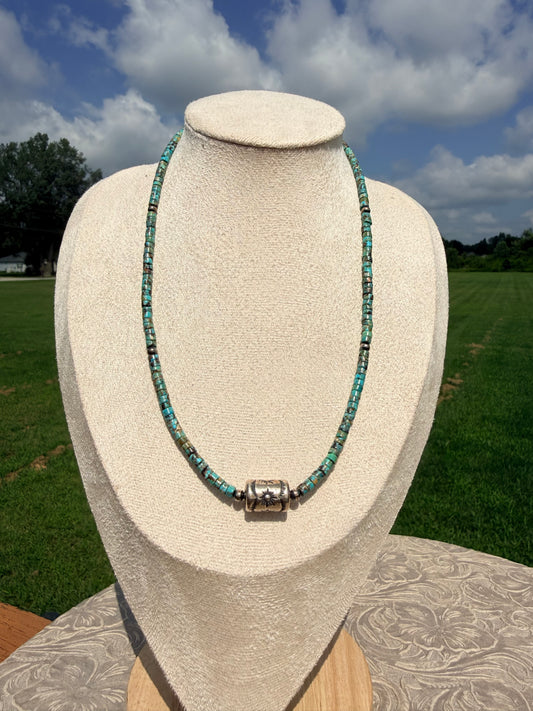 Turquoise and Sterling Silver Barrel Necklace