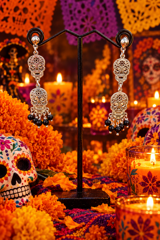 Double Skull & Black Agate Earrings