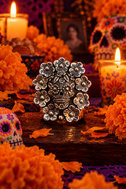 Adjustable Sugar Skull & Flowers Ring