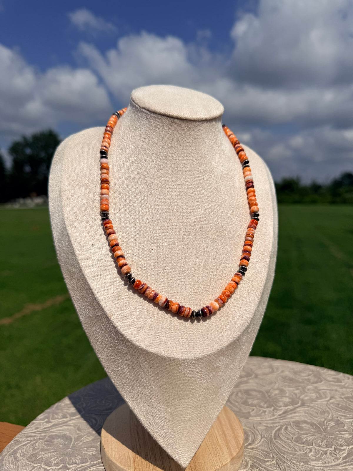 19.25-inch Spiny Oyster & SS Saucer Necklace