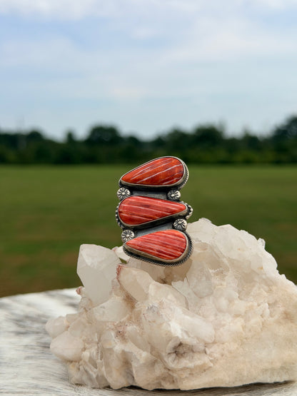 Native Made Triple Red Spiny Teardrop Ring