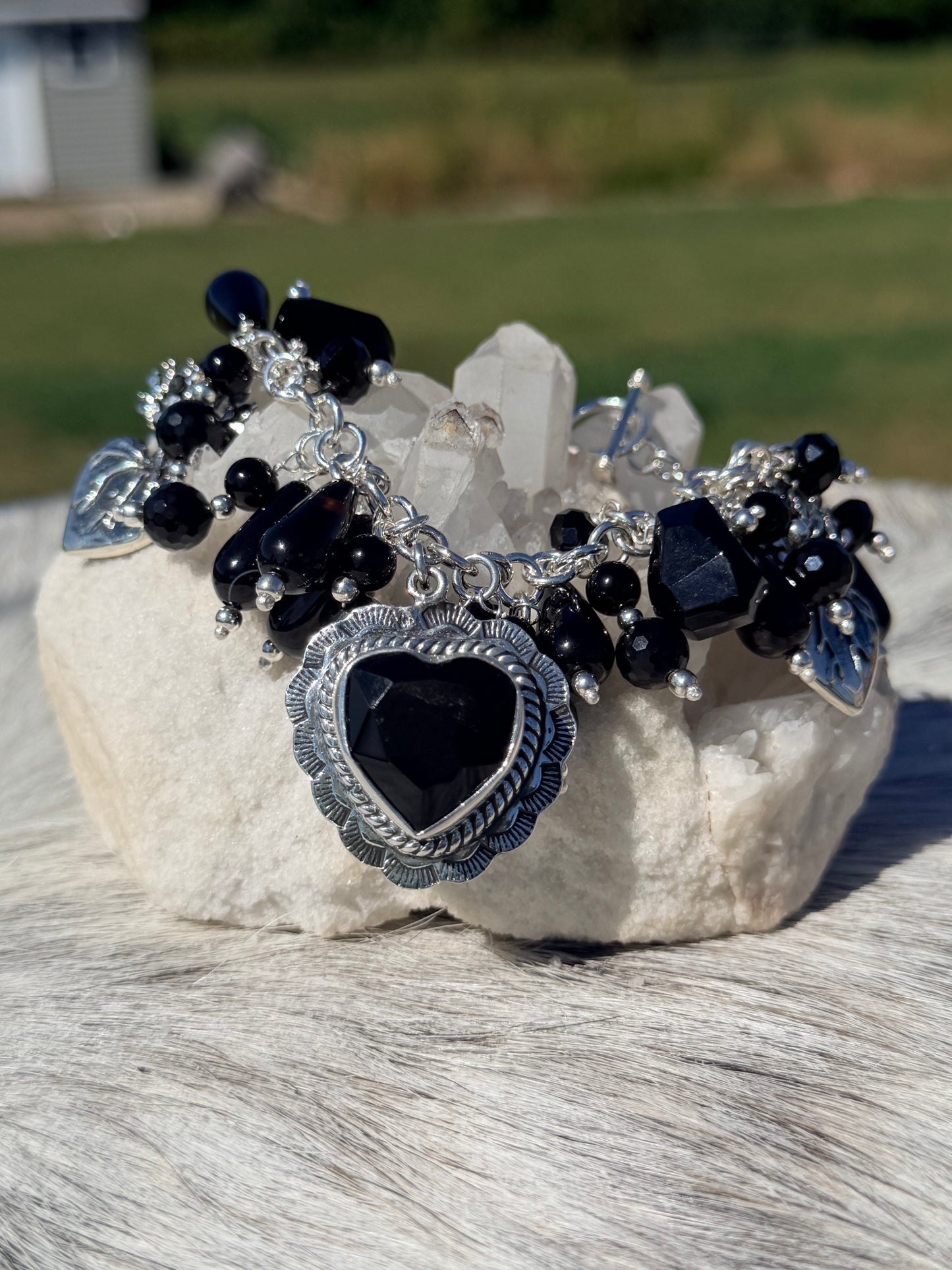Maximalist Black Agate Heart Charm Bracelet