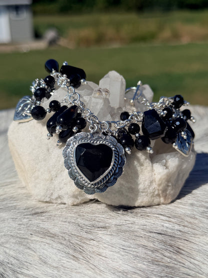 Maximalist Black Agate Heart Charm Bracelet