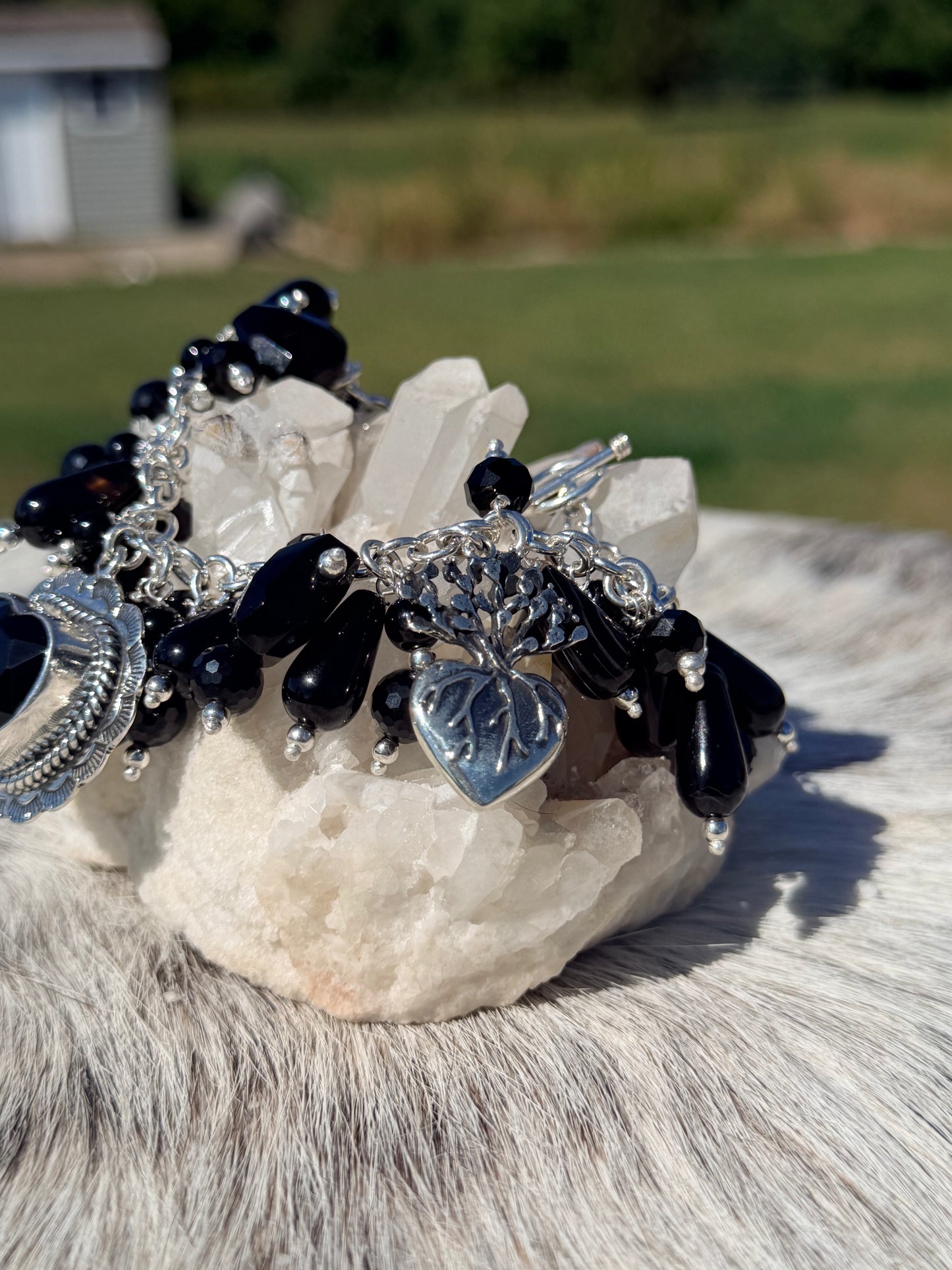 Maximalist Black Agate Heart Charm Bracelet