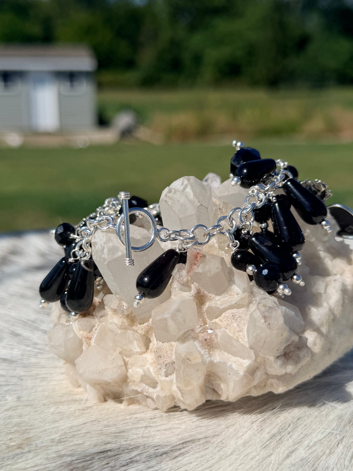 Maximalist Black Agate Heart Charm Bracelet