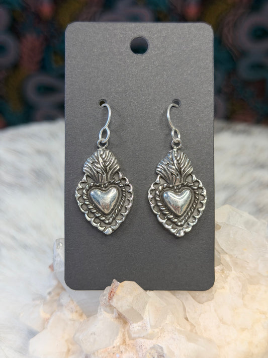 Dangle Flaming Heart Milagrito Earring