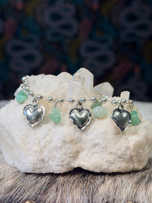 Green Aventurine & Heart Charm Bracelet