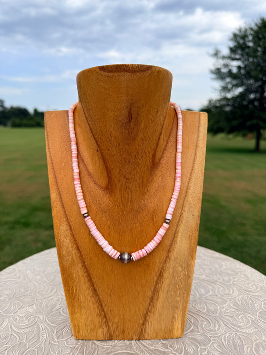 Heishi Pink Conch & SS Pearl Necklace