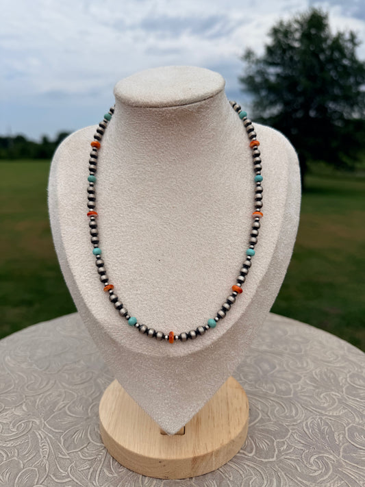 Turquoise, Spiny Oyster & Sterling Silver 4mm Bead - 15"