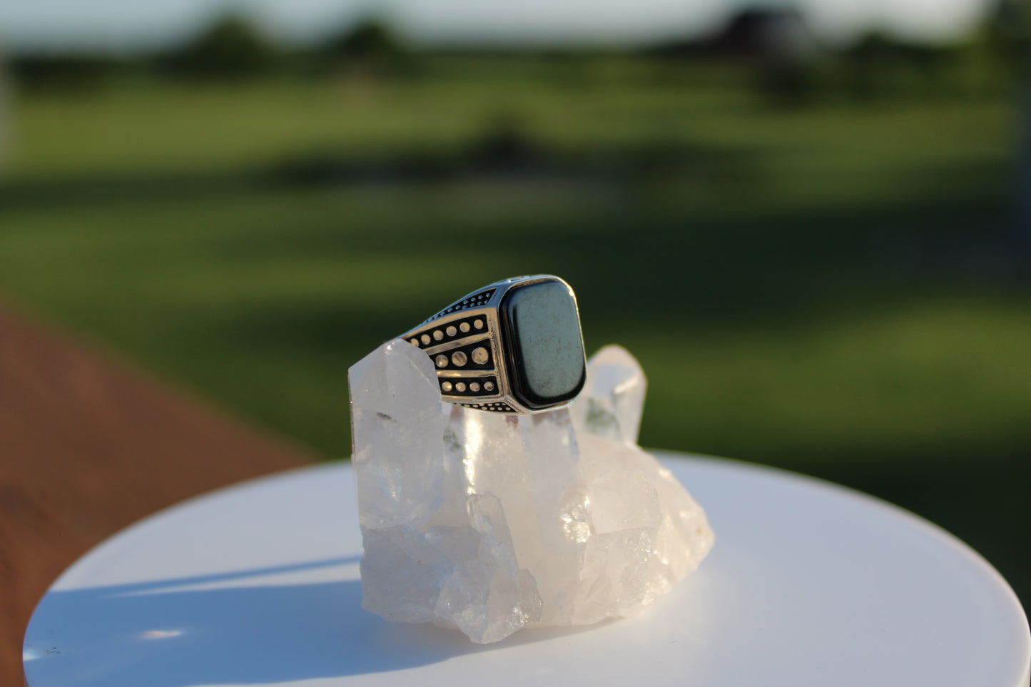 Dotted Band Rectangle Black Onyx Ring