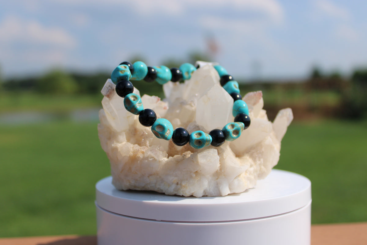 Blue Howlite & Black Agate Skull Bracelet